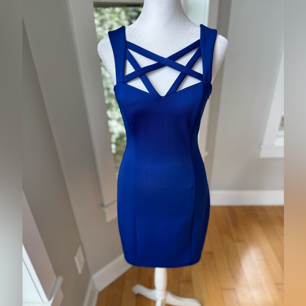 Guess Cobalt Blue Strappy Bodycon Mini Dress Homecoming Formal Prom Size 0 - Picture 2 of 15